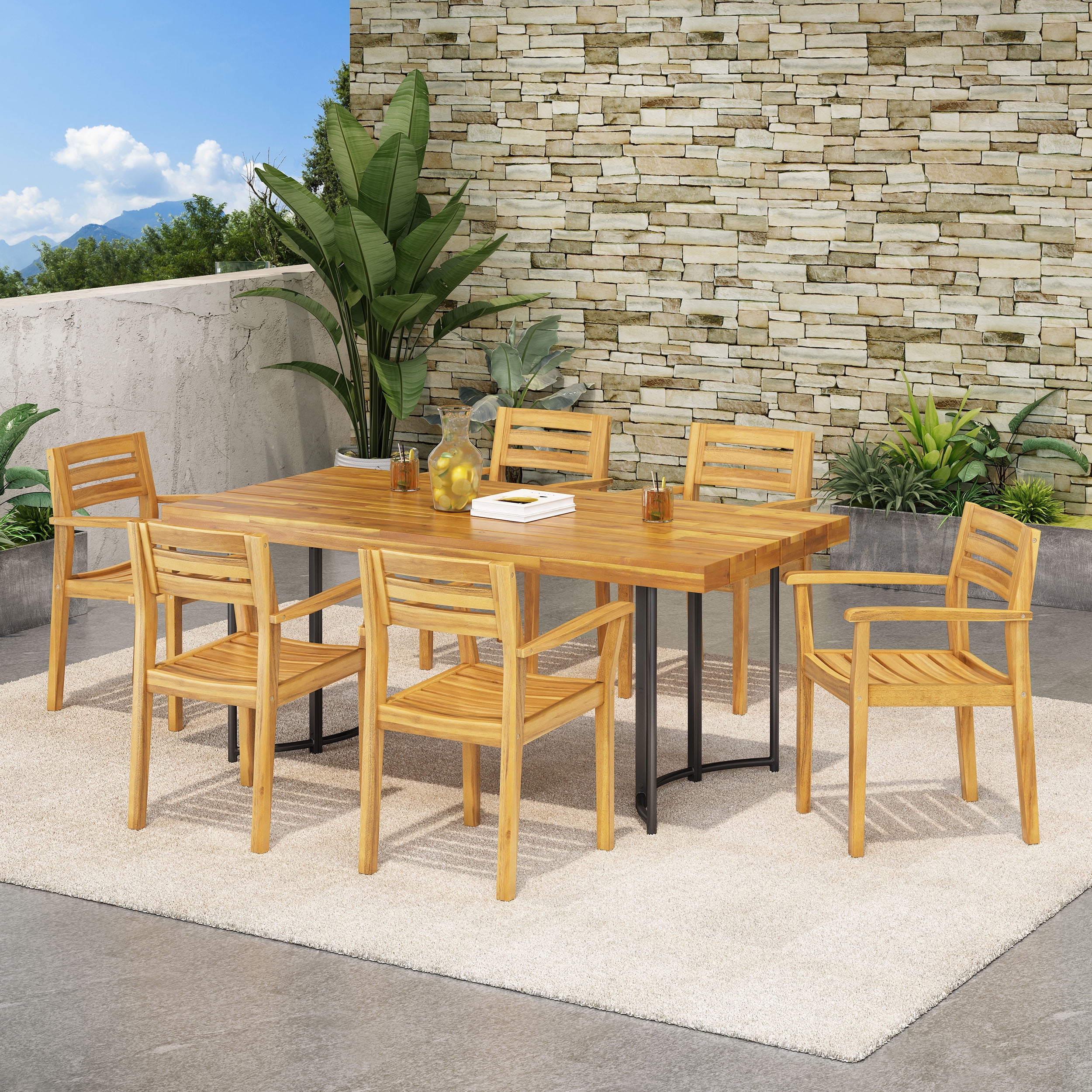 Noble House Noah 7 Piece Wood Top Patio Dining Set in Teak and Brown
