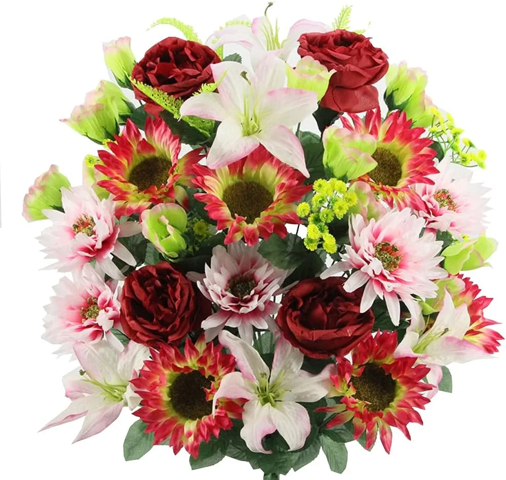 Artificial Spring 36 Stem Dahlia Sunflower Mixed Flower Bush, Burgundy/Pink/Kiwi, ABN1B010-BG-LT.PK-KW