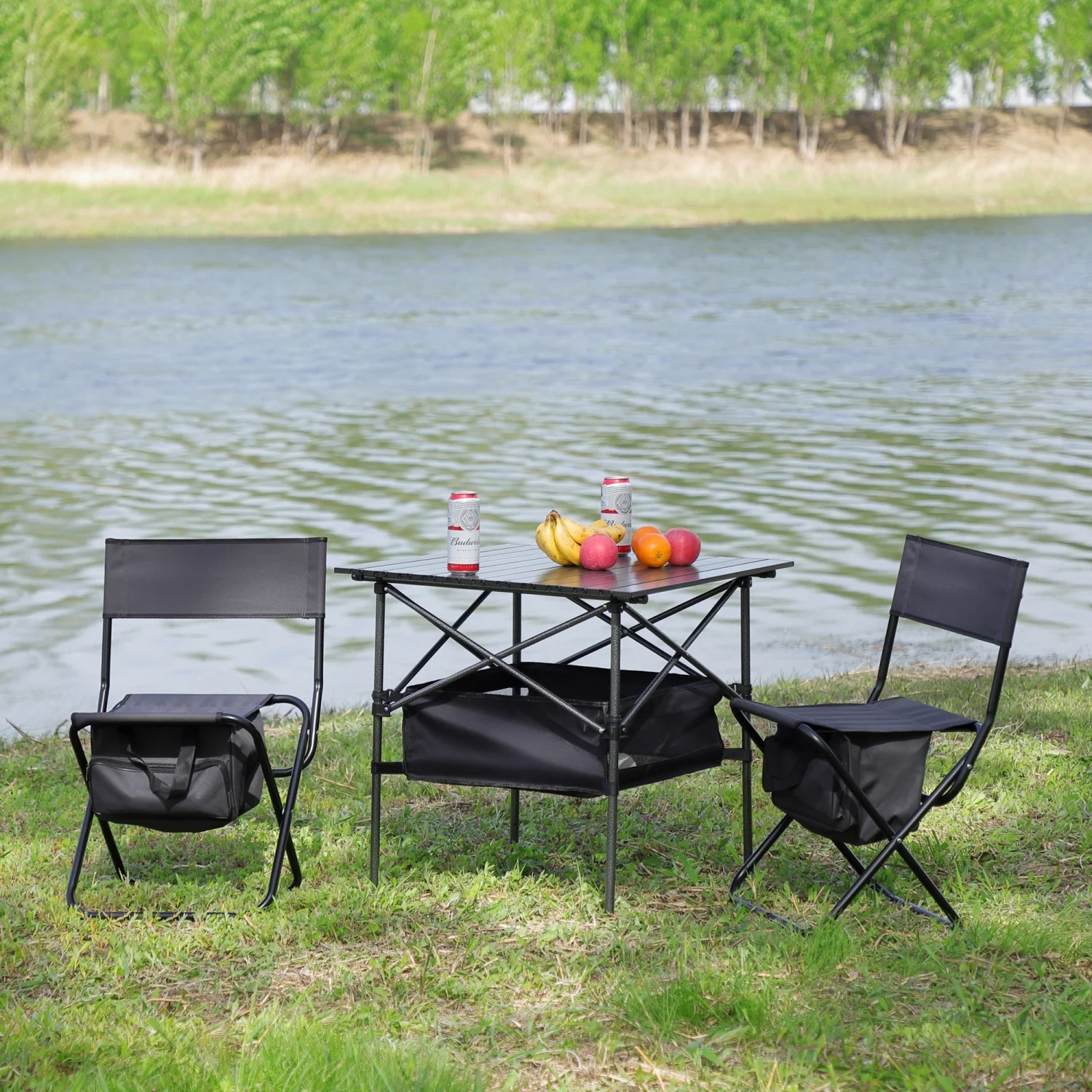 Foldable Black/Gray Outdoor Table and Chairs Set - Versatile and Stylish for Indoor and Outdoor Use - Ideal for Camping  Picnics  Beach Trips  Backyard Gatherings  BBQs  Parties  and Pati