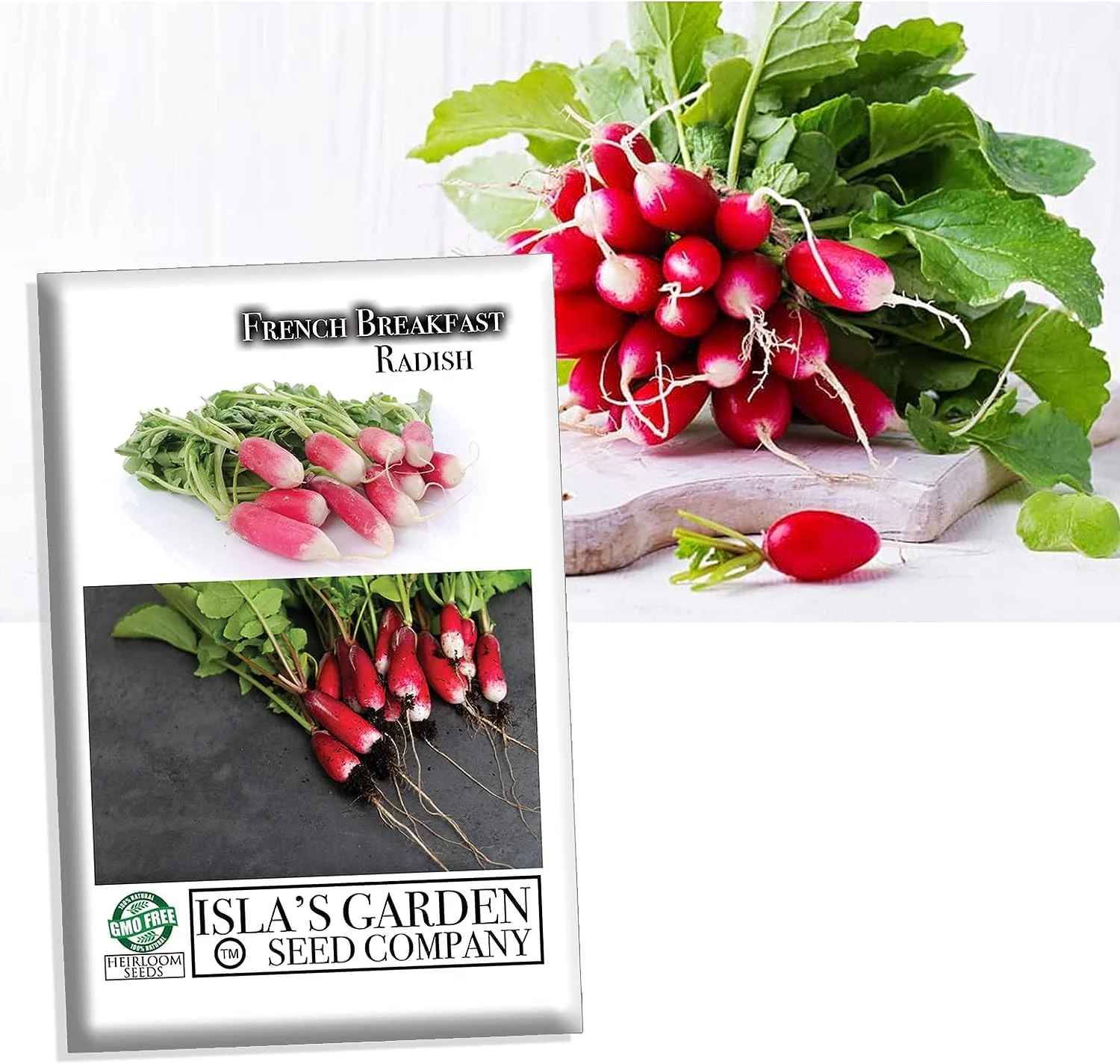 French Breakfast Radish Seeds for Planting, 200+ Heirloom Seeds Per Packet, (Isla's Garden Seeds), Non GMO Seeds, Botanical Name: Raphanus sativus, Great Home Garden Gift