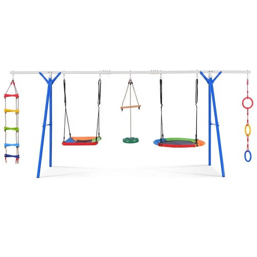 5 in 1 Outdoor Toddler Swing Set for Backyard, Playground Swing Sets with Steel Frame, Multifunction Playsets for Kids with Climbing Ladder, Saucer Swing, Monkey Bar Swing, Disc Swing and Swing Ring