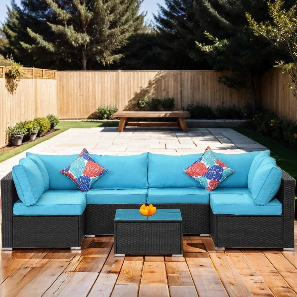 Highsound 7 Piece Outdoor Patio Furniture Set, PE Rattan Wicker Sofa Set, Outdoor Sectional Furniture Chair Set with Cushions and Coffee Table, Blue