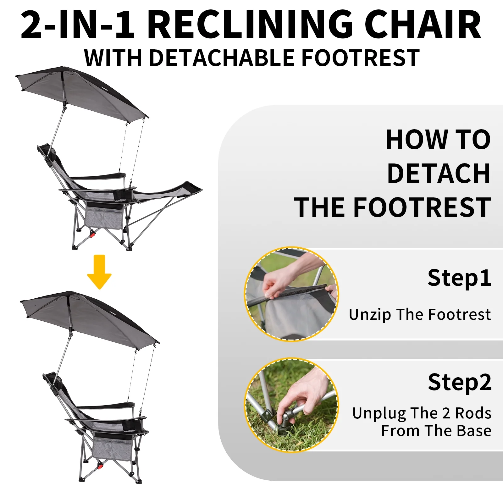 #WEJOY 2-in-1 Sunshade Reclining Lawn Chair Adjustable Folding Camping Chairs for Adult(Black/Grey)