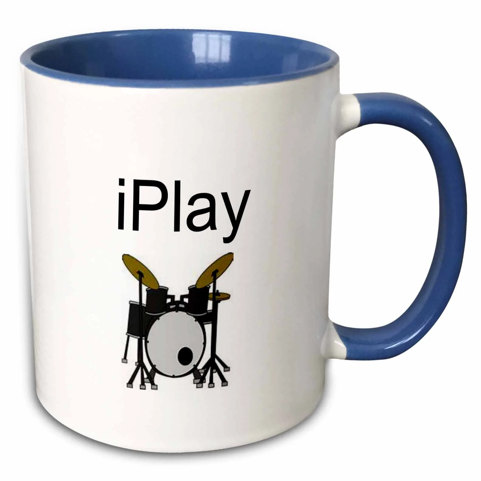 3dRose I play, picture of drum set, black lettering - Two Tone Blue Mug, 11-ounce