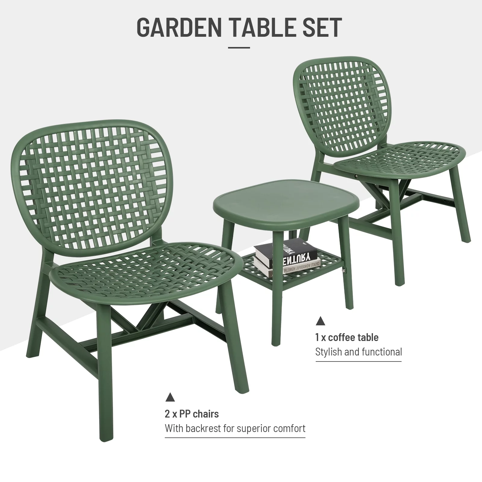 Dcenta 3 Pieces Hollow Design Retro Patio Table Chair Set All Weather Conversation Bistro Set Table with Open Shelf and Chairs with Widened Seat for Balcony Garden Yard Green