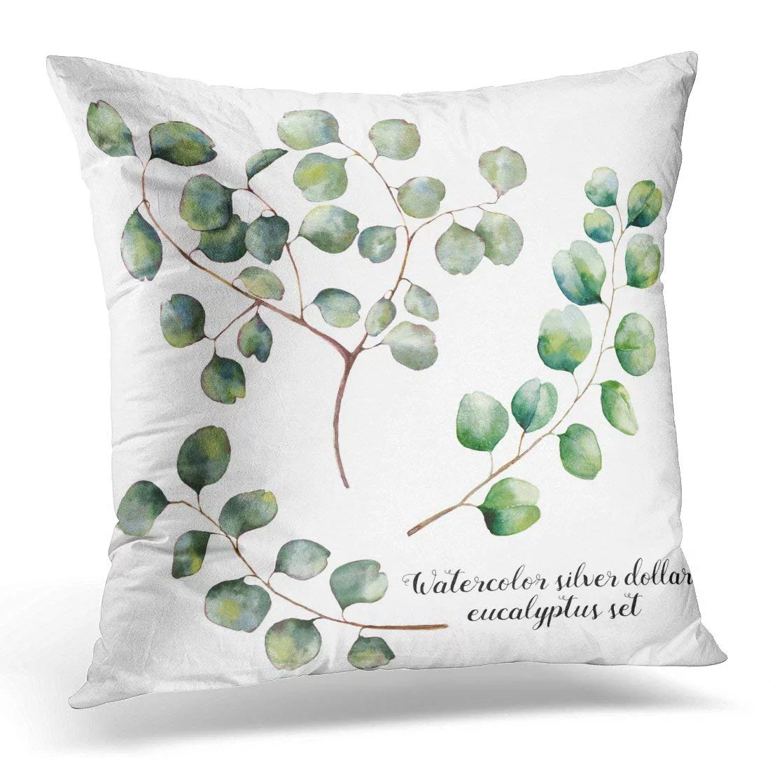 Agave Watercolor with Silver Dollar Eucalyptus Hand Floral with Round Leaves and Branches White and Aloe Pillow Case Pillow Cover 18x18 inch