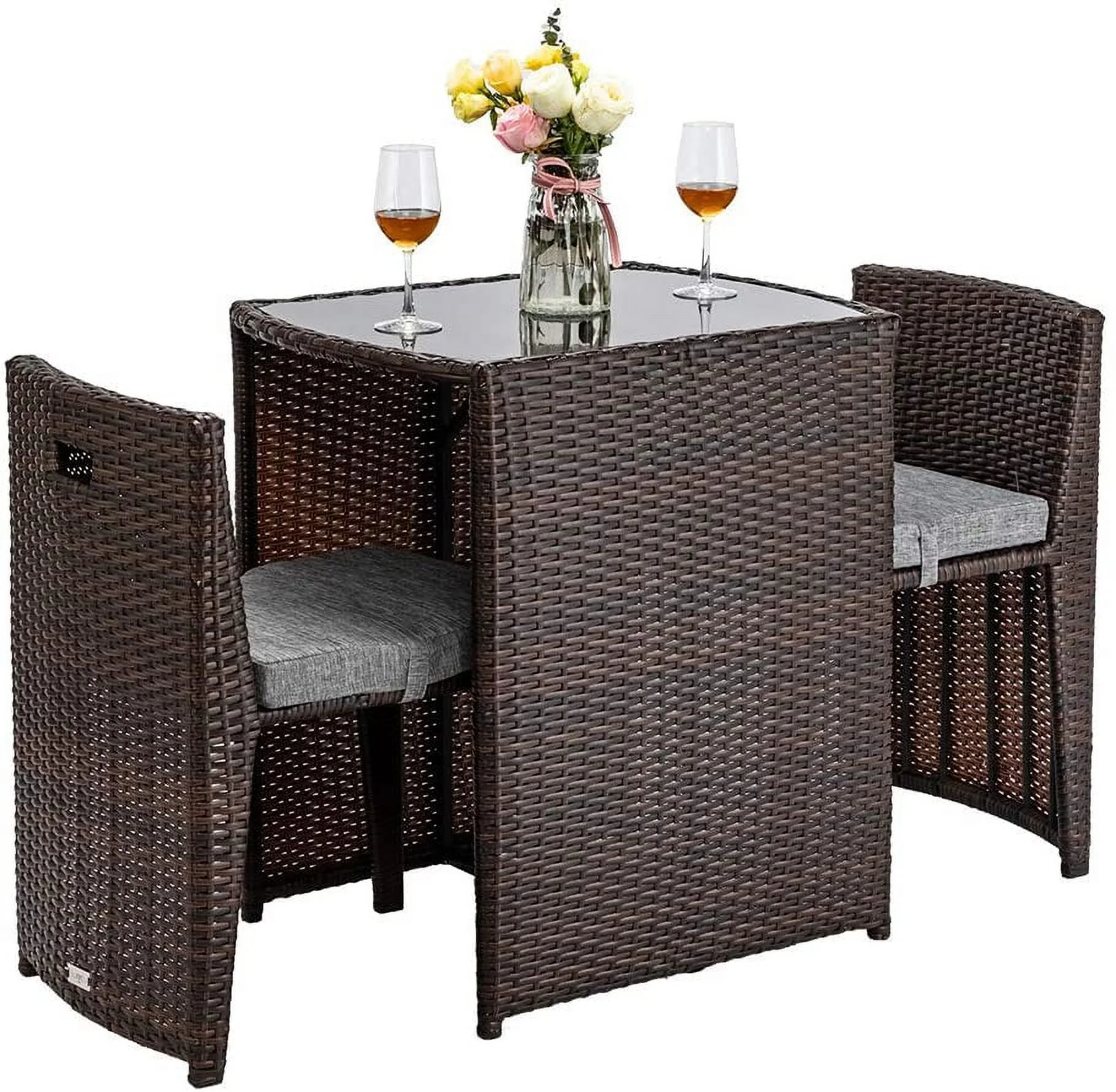 QYFZBIM 3 PCS Wicker Outdoor Patio   Patio  Set for Small Space with Glass Top Table Dining Chairs  Balcony  Patio Table and Chairs  for Garden Yard Porch