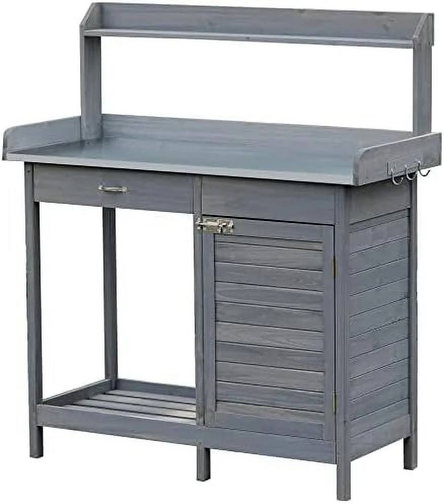 LNSETGC Outdoor Potting Bench Table  Garden Work Station with  Cabinet  Open  and Steel Tabletop  Gray