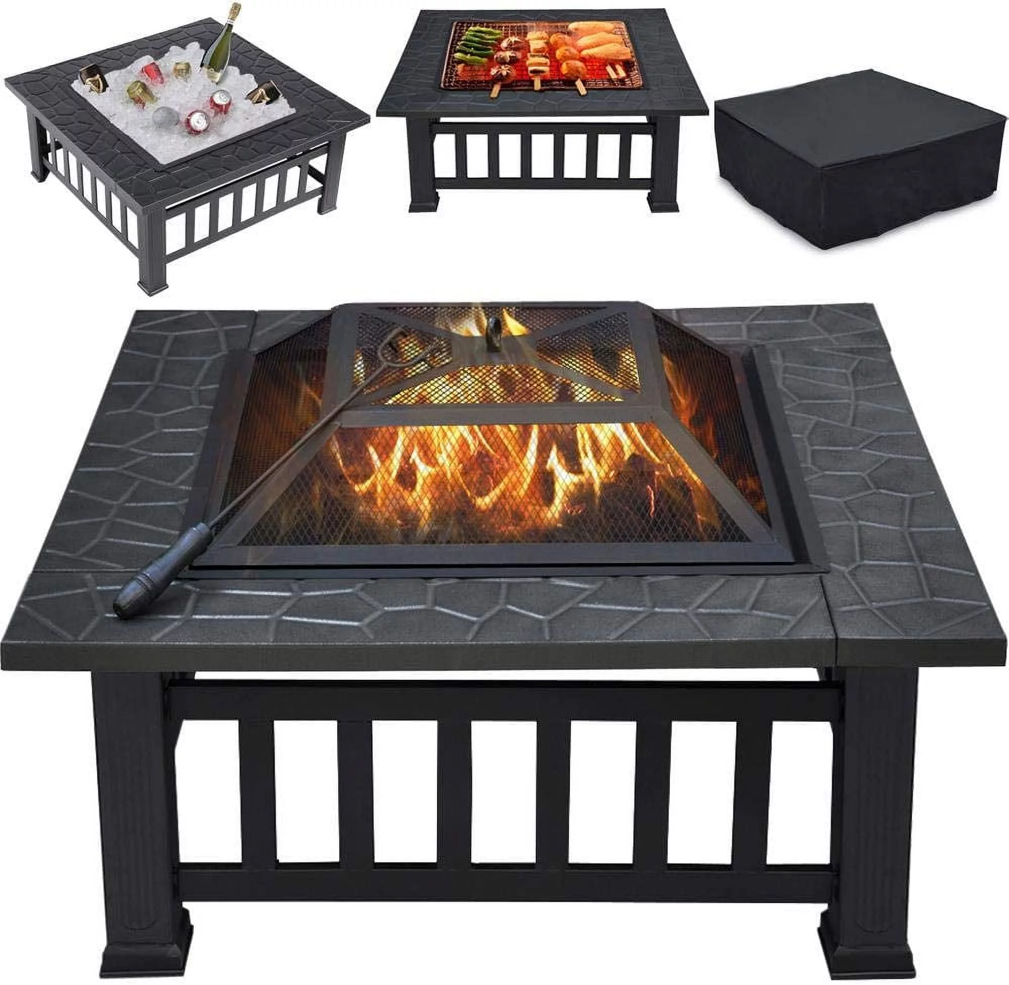 Multifunctional Fire Pit Table 32in Square Metal Firepit Stove Backyard Patio Garden Fireplace for Camping, Outdoor Heating, Bonfire and Picnic