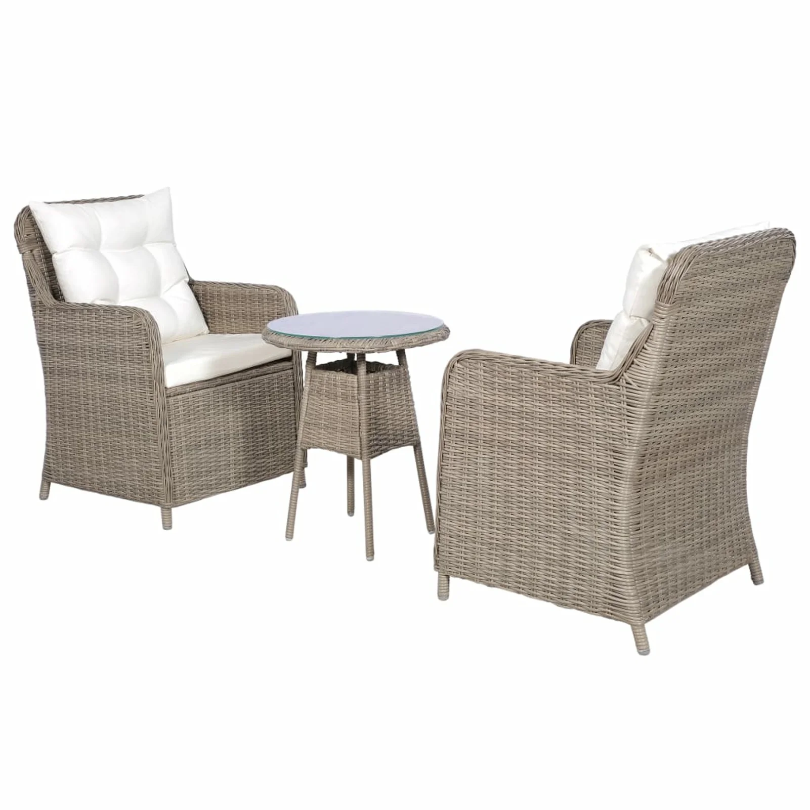 Carevas 3 Piece Bistro Set with Cushions and Pillows Poly Rattan Brown