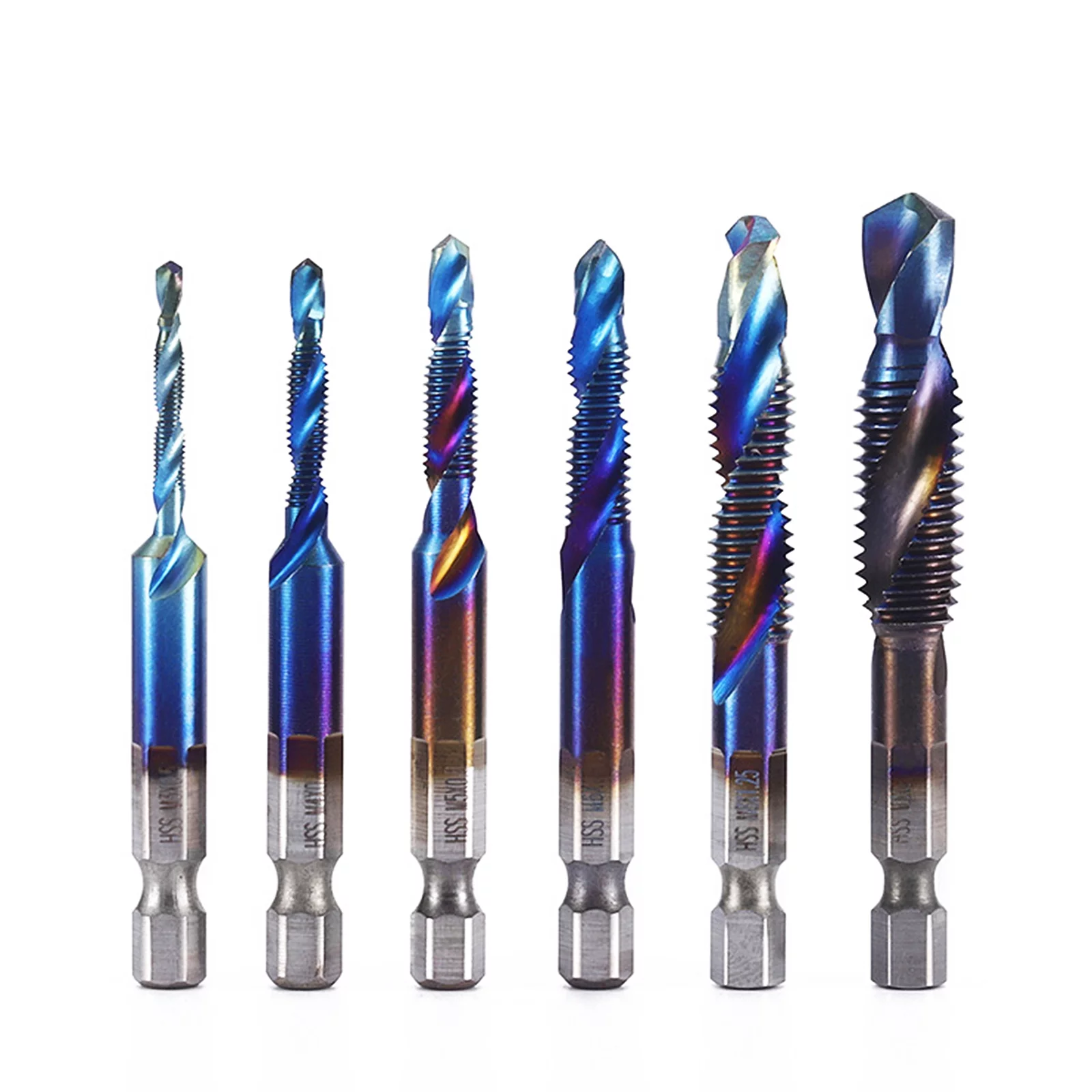 Metric Tap and Drill Bit Set Combination HSS Blue Coating Twist Drill Tap Combination Bit Set 6PCS with 1/4” Hex Shank Spiral Flute