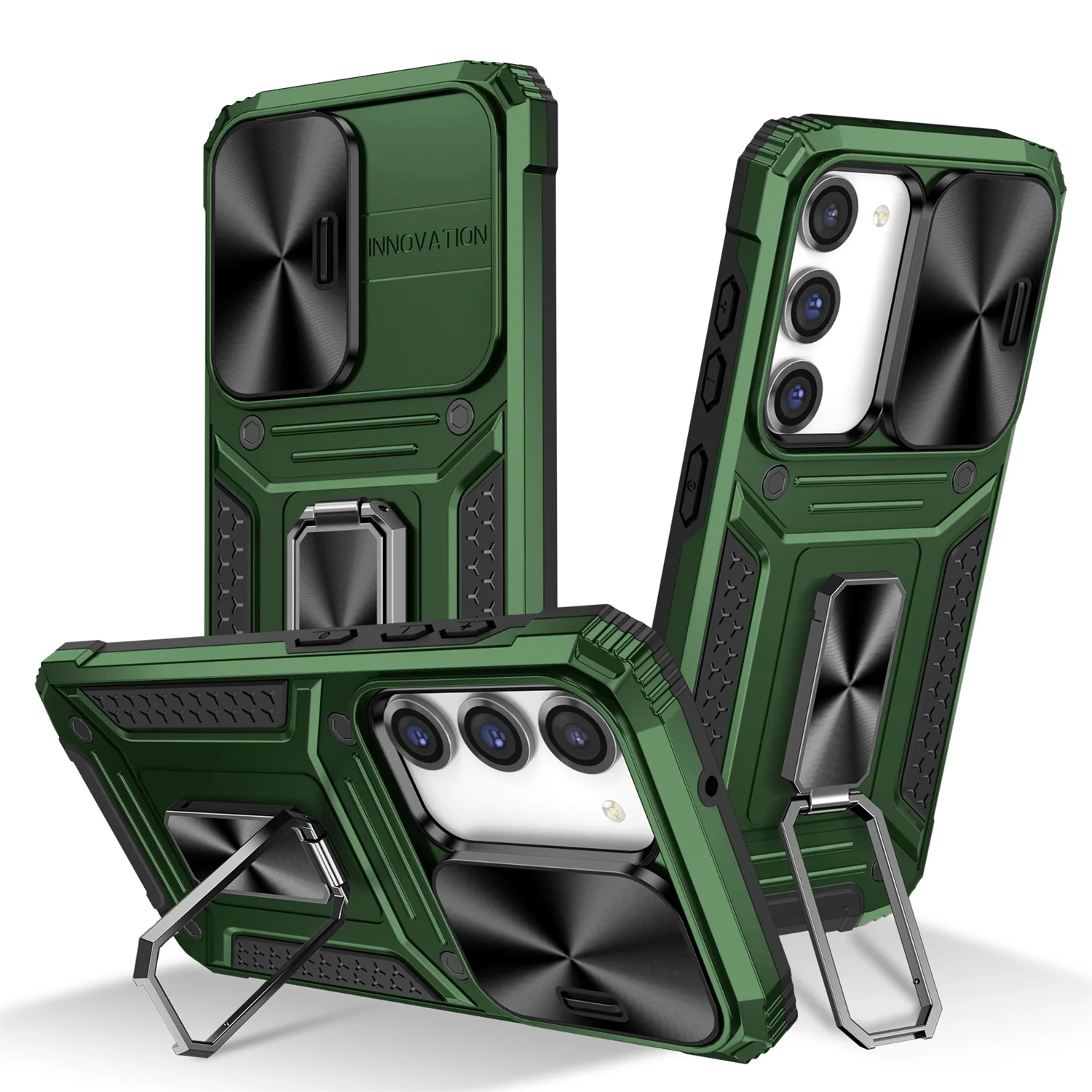 SaniMore for Samsung Galaxy S23 FE Stand Case, Slide Camera Cover 360 Degree Rotating Kickstand Magnetic Car Mount Hybird Tri-layer Rugged Shell Military-grade Shockproof Anti-drop Cover, Darkgreen