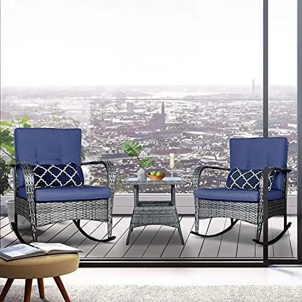 QYFZBIM 3 Pieces Patio PE Rattan Conversation Chair Set  Outdoor  Rocking Chair Set with Water-Proof Cushion&Coffee Table for Garden Backyard and Porch (Dark Blue)