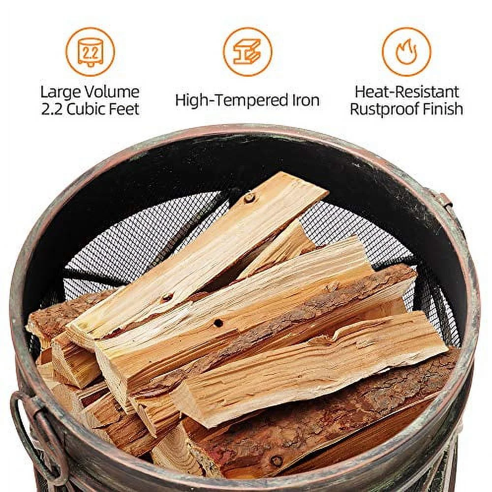 AMAGABELI GARDEN & HOME Fire Pit Outdoor Wood Burning Firebowl Fireplace Heater Log Charcoal Burner Extra Deep Large Round Camping Outside Patio Backyard Deck Heavy Duty Metal Grate Bronze