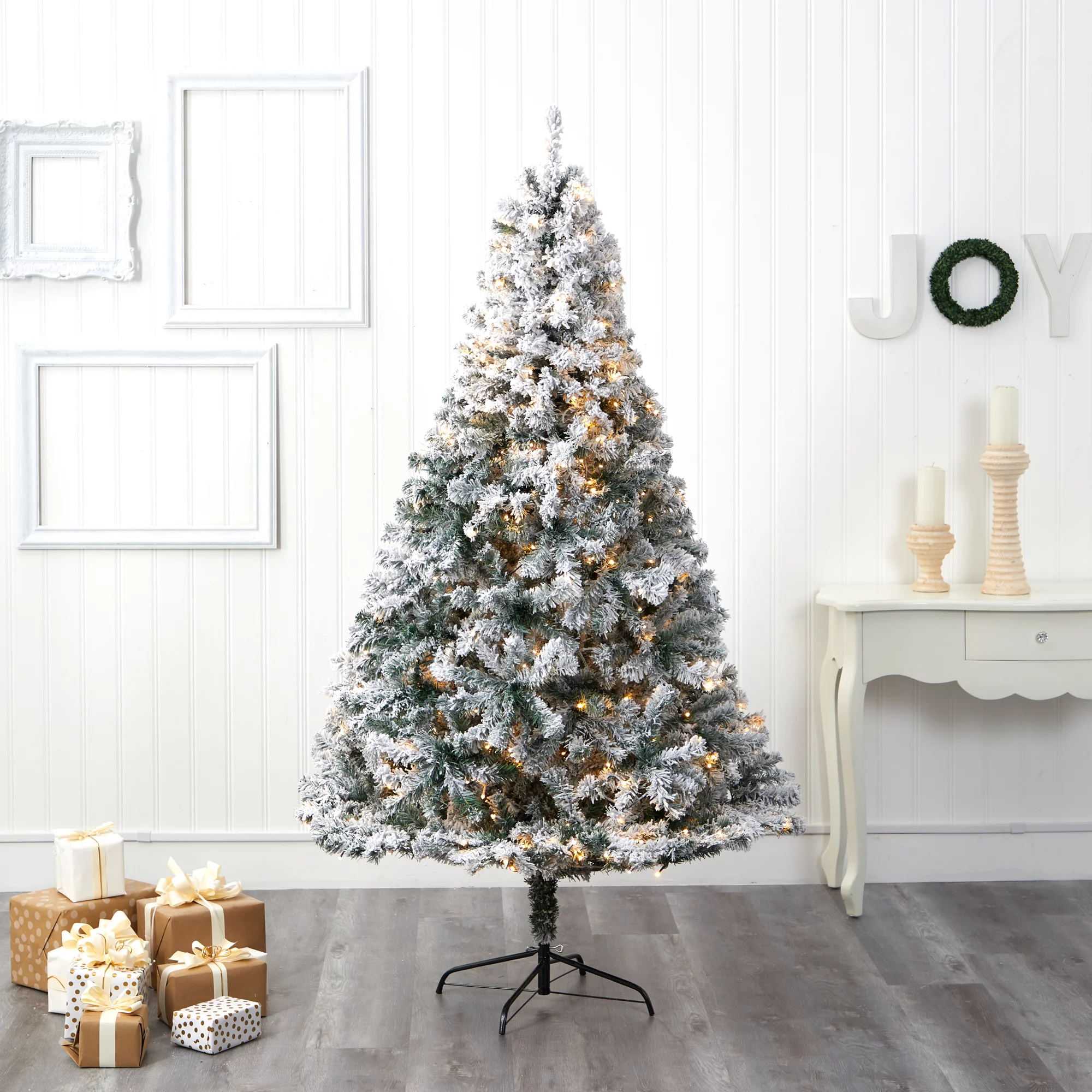 Nearly Natural 7' Pre-Lit Flocked Rock Spruce Artificial Christmas Tree, Clear LED Lights