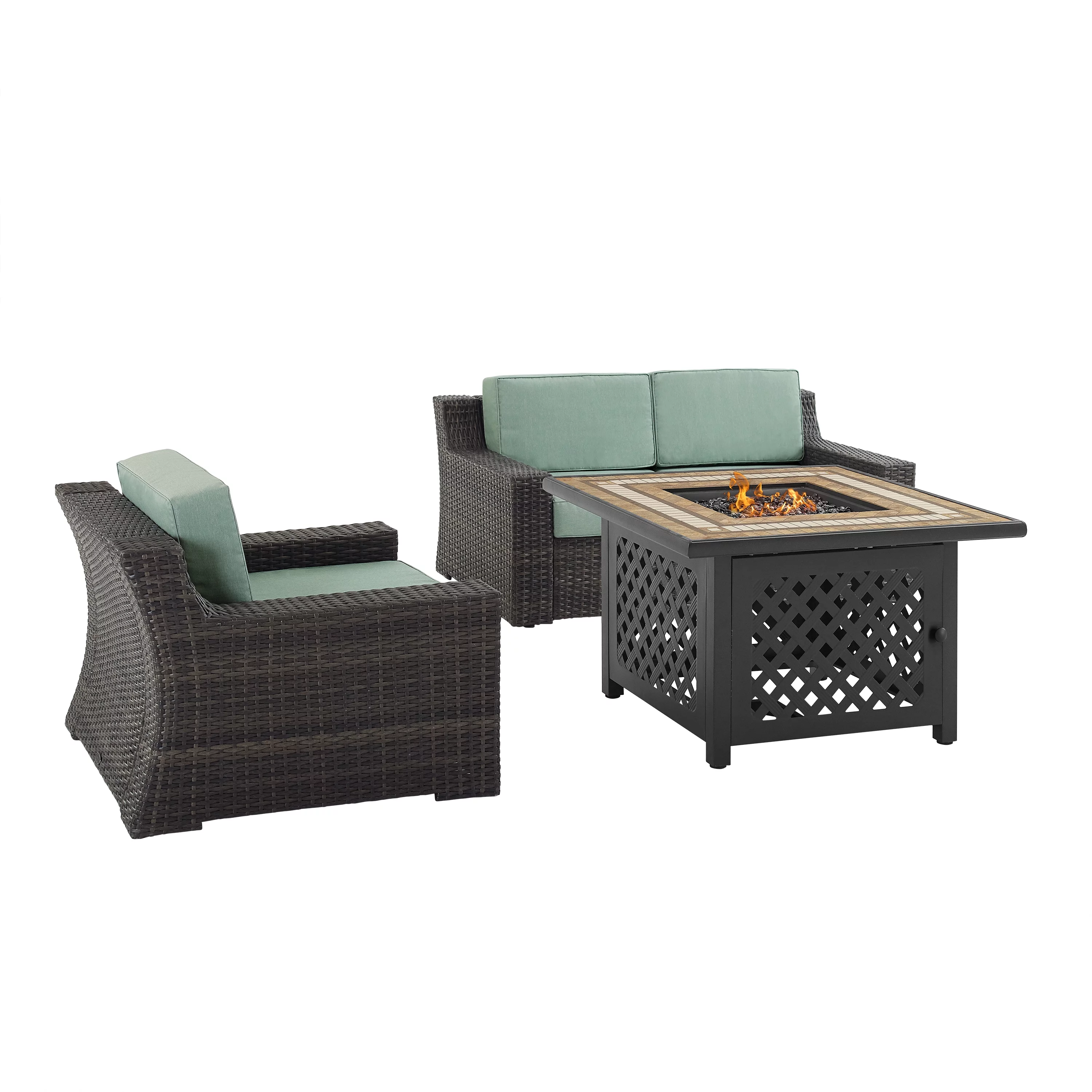 Crosley Beaufort 3 Piece Outdoor Wicker Conversation Set with Fire Table in Mist