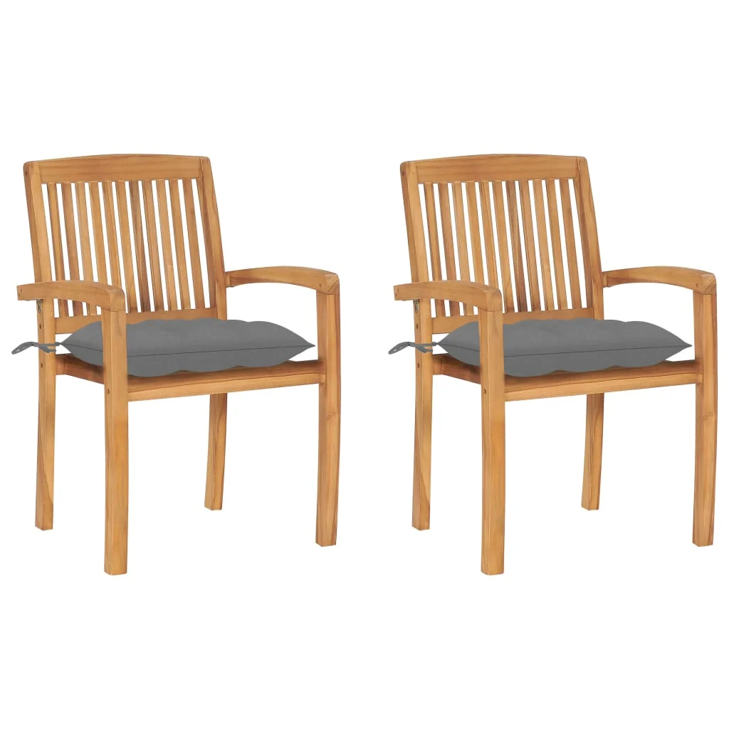 Patio Chairs 2 pcs with Gray Cushions Solid Teak Wood