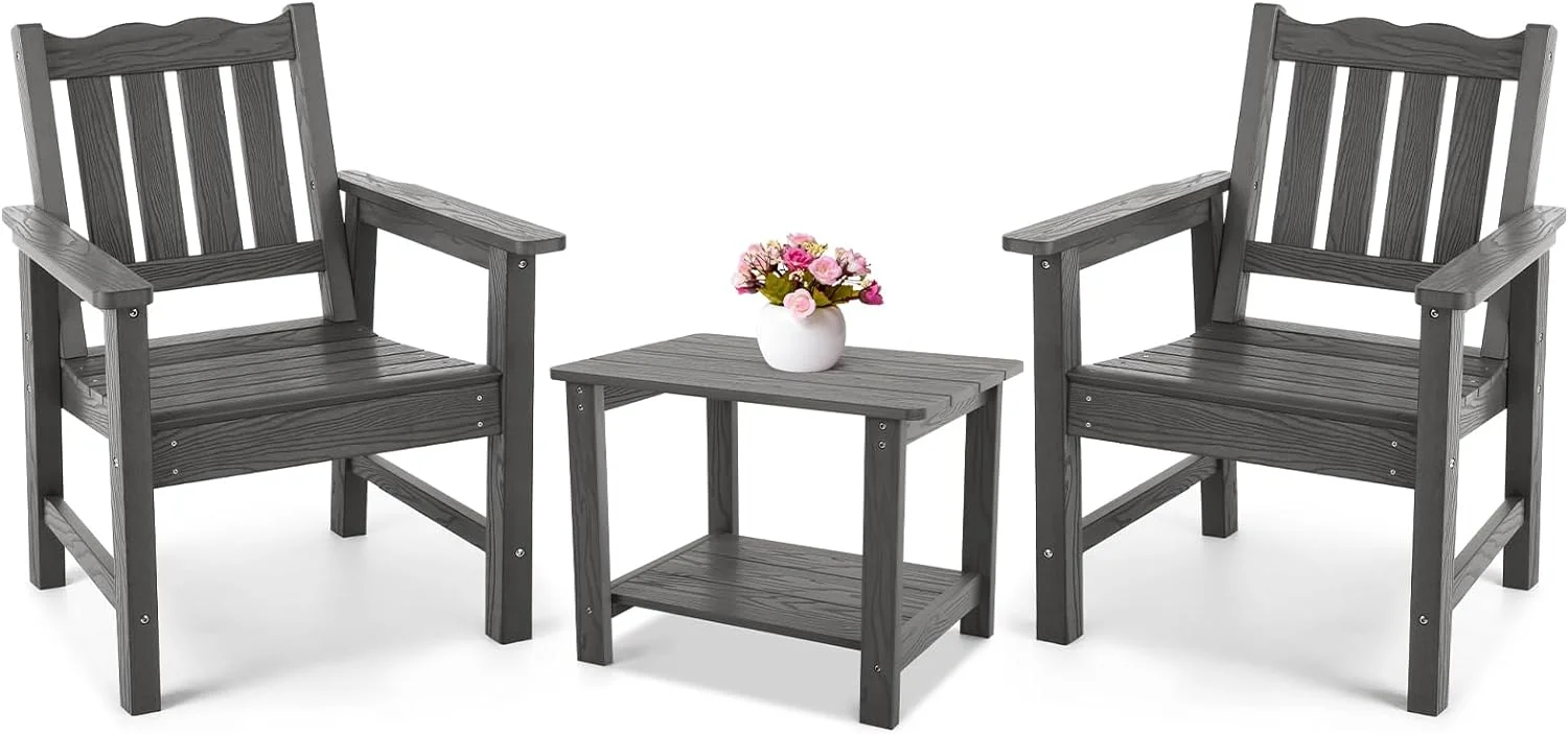 3 Piece Patio Dining Sets, All-Weather Outdoor Chairs Set of 2 with Table, Include 2 Patio Chairs and 1 Side Table, Grey