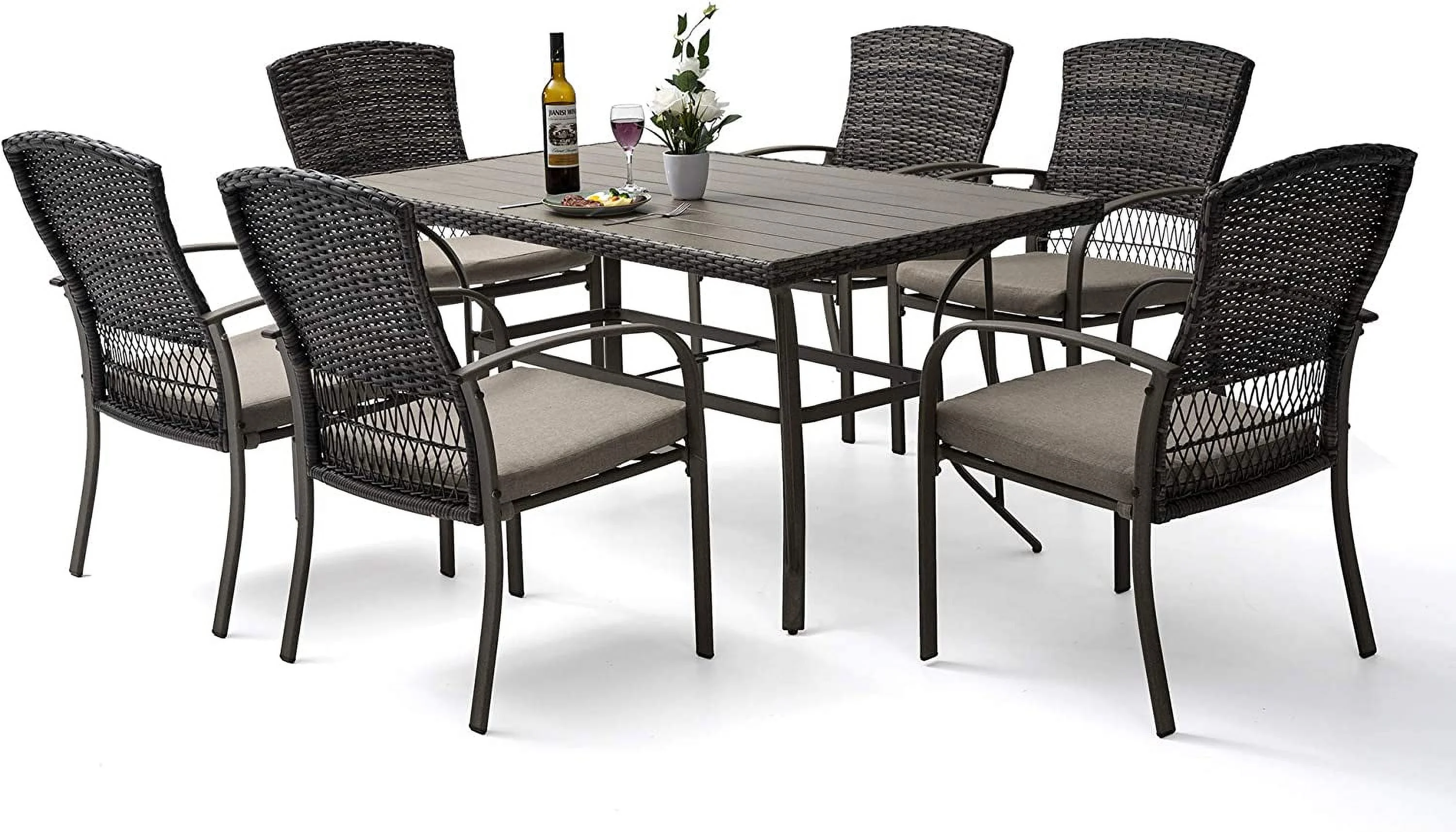 7 Piece Patio Dining Set  Outdoor Dining Table Set  Patio Wicker Furniture Set for Backyard Garden Deck Poolside/Iron Slats Table Top  Removable Cushions(Beige)