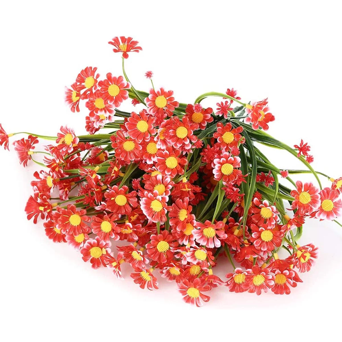 4 Bundles Artificial Daisy Mums Flowers Outdoor Fake Flowers for Spring Decoration No Fade Faux Plastic Flower Garden Porch Window Box Decor (Red)