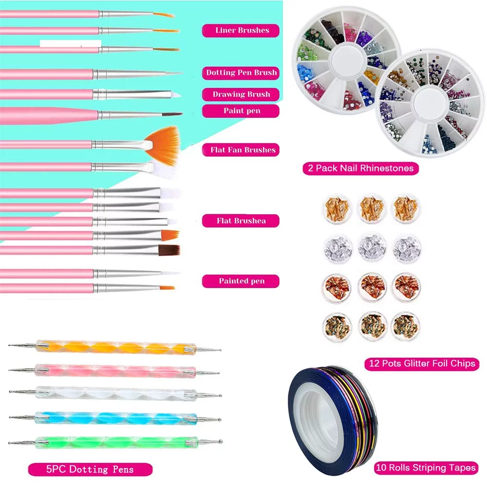 Nail Art Sets 33pcs Nail Supplies Tools Kits with Painting Brushes, Dotting Pen, Striping Line Tapes and foil Stickers