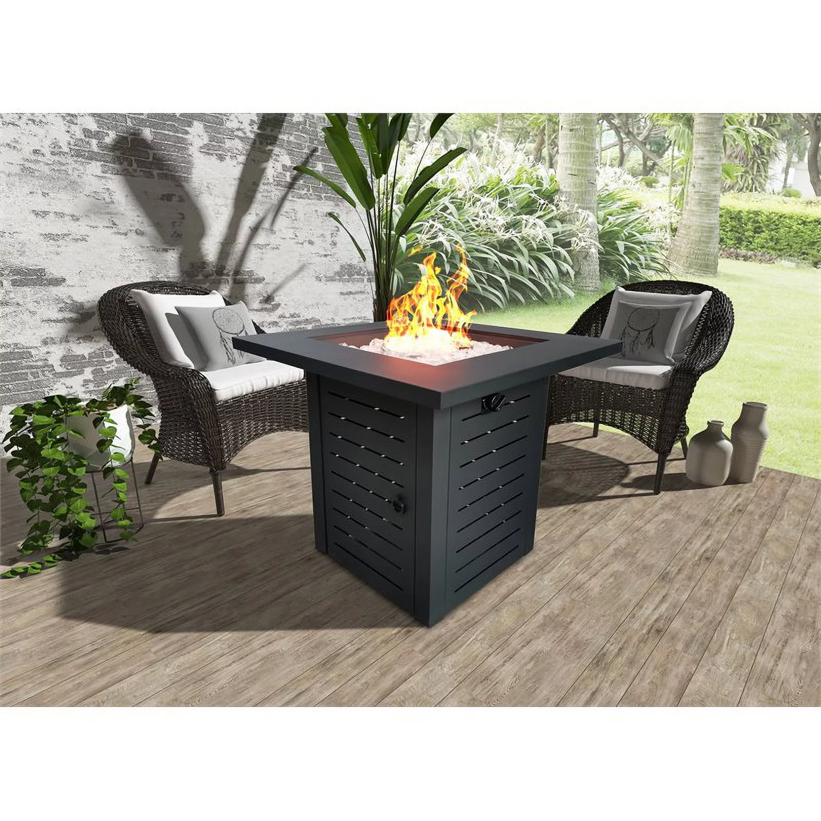 Belmont Home Jayapura Square Metal Fire Pit with Glass Rocks in Black