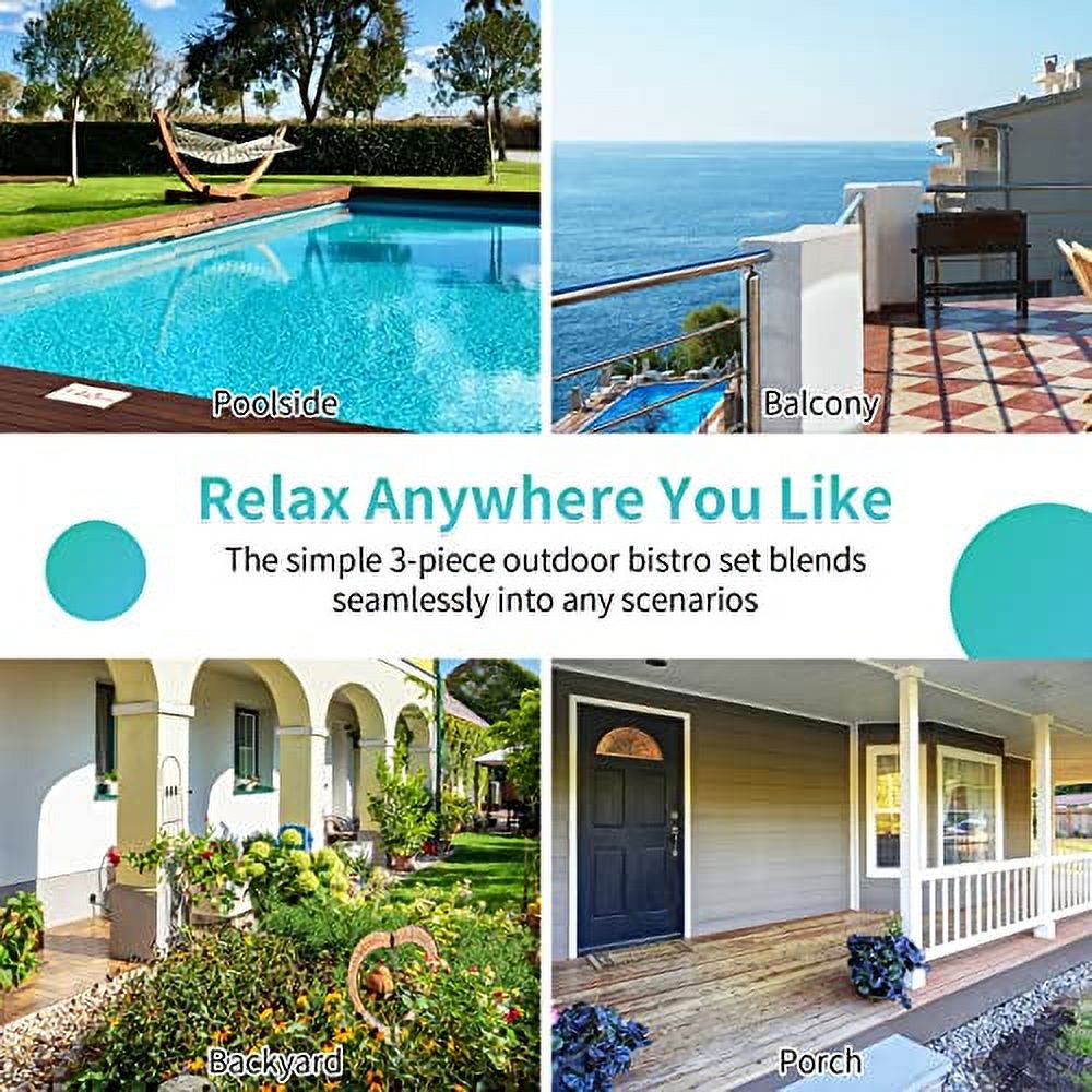 HAPPYGRILL 3 Piece Patio Folding Bistro Set, Outdoor Foldable Chair & Table Set with Breathable Fabric, Tempered Glass Tabletop, Small Conversation Furniture Set for Porch Balcony Poolside Yard