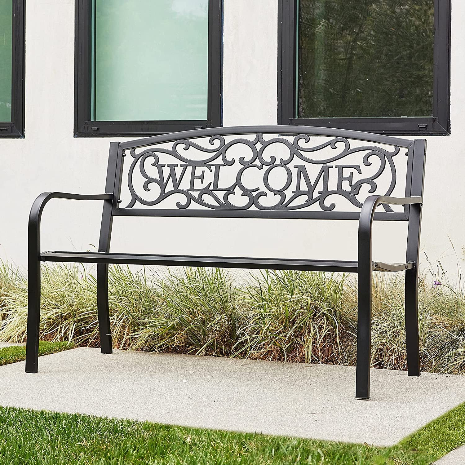 WJUN Outdoor Garden Bench, 50 inch Cast Iron Metal Loveseat Chairs with Armrests for Park, Yard, Porch, Lawn, Balcony, Backyard, Antique Patio Seat Furniture Welcome Design, Black