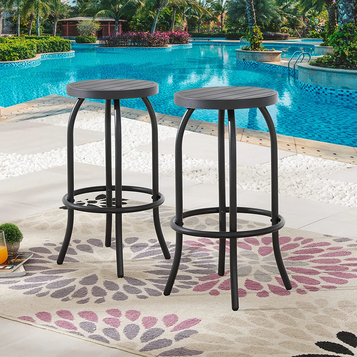 Outdoor Patio Bar Height Stool Bistro Chair Counter Footrest, Set of 2, Black