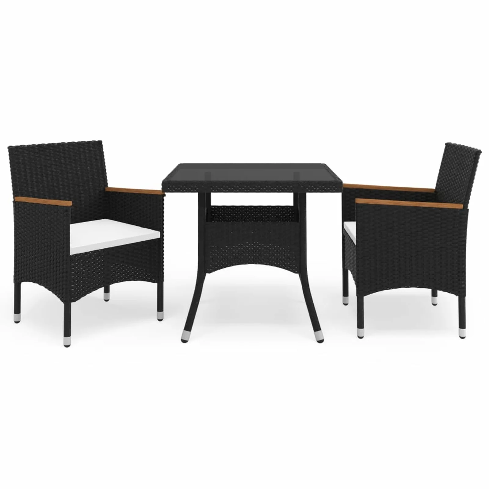 Walmeck 3 Piece Patio Dining Set Black Poly Rattan and Acacia Wood
