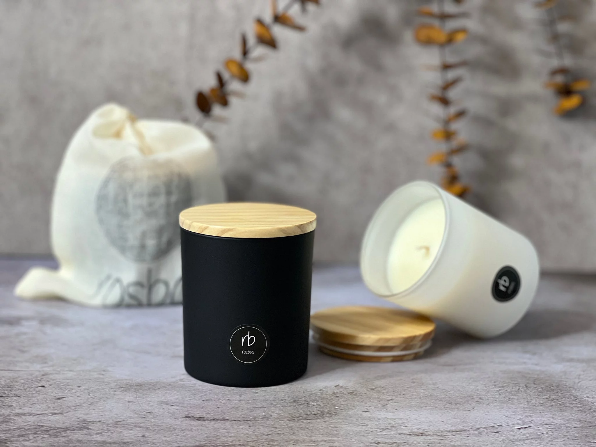 Rosbas, Soy Candle, Peppermint & Eucalyptus Scented, 7 oz White Glass Jar, Wooden Lid, Cotton Wick, Drawstring Cotton Bag, Long Burn Time, Home, Non-Toxic,Handmade in the USA