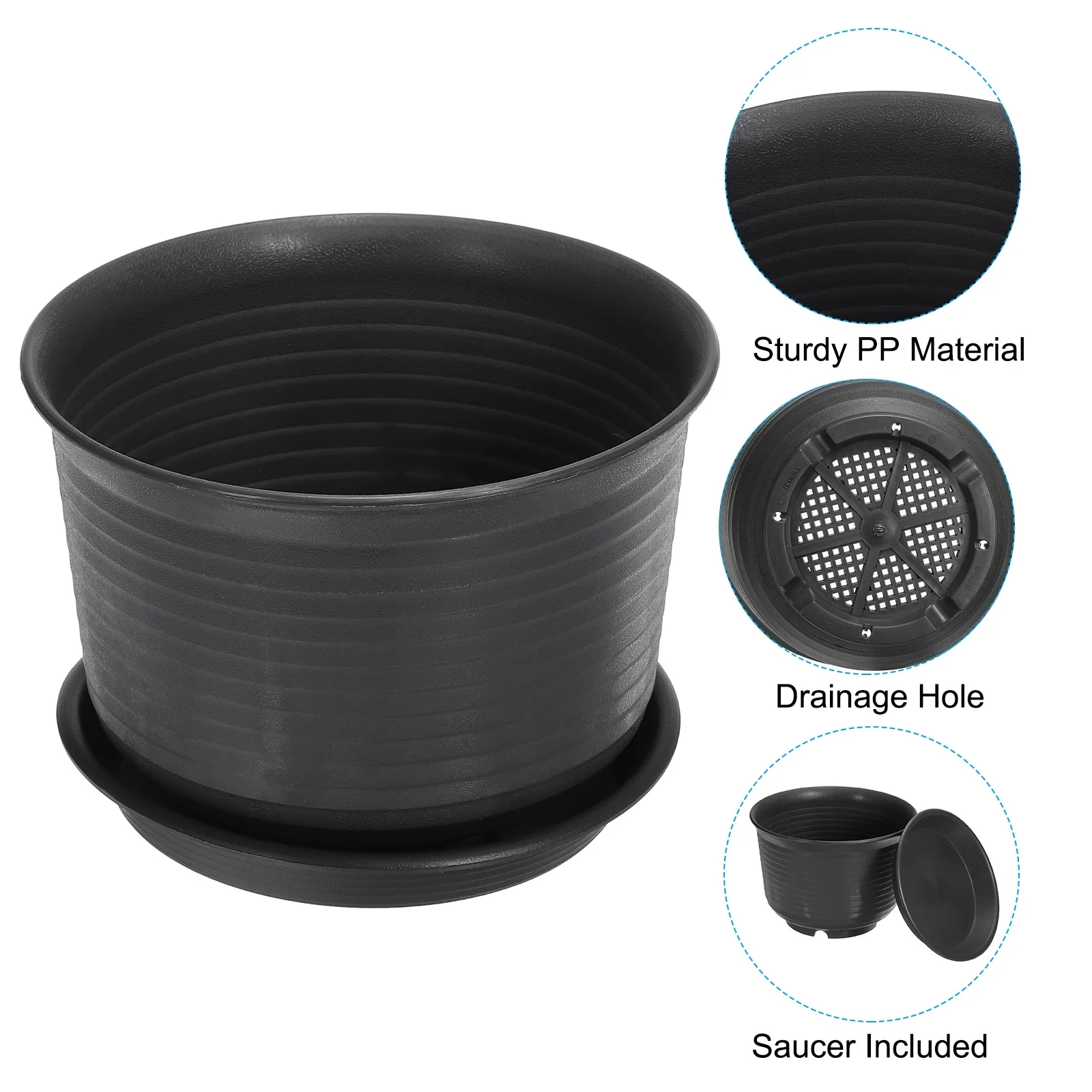 Uxcell 7 Inch Plastic Plant Pots Flower Planters with Drainage Holes and Tray, Black 5 Pack