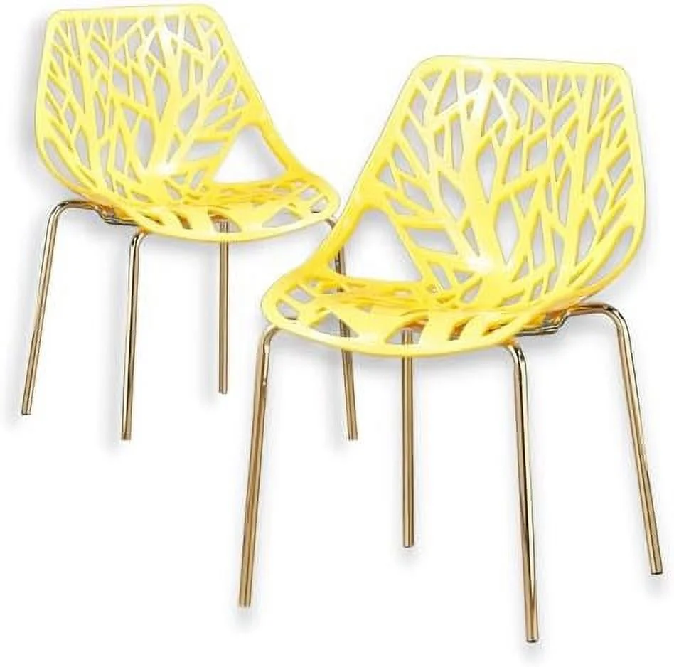 HYHBIBOOM Modern Yellow Dining Chairs Set of 4  Birch Sapling Style Chairs for Dining Room  Hotels  Restaurants Indoor Outdoor  Stackable Comfortable Kitchen Chairs with Gold Legs (4  Yel