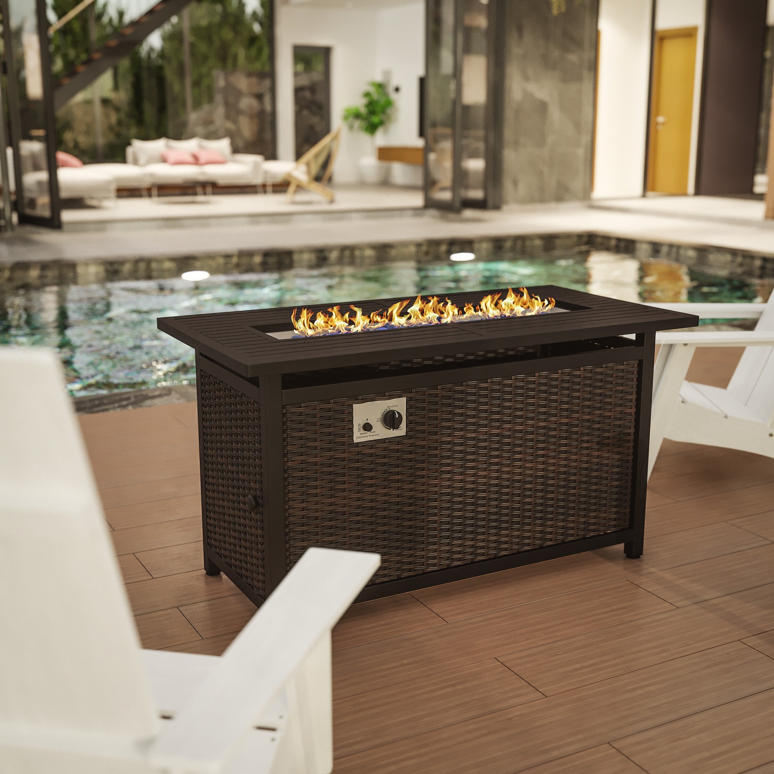 Lancaster Home Outdoor 50,000 BTU Fire Table with Steel Top and Wicker Base