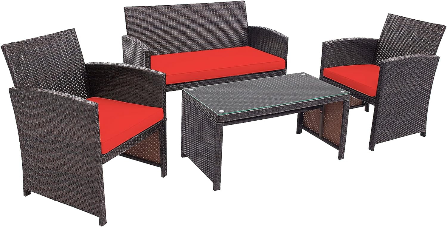 YPDCHB 4 Pieces Wicker Patio  Set  Outdoor PE Rattan Conversation Set with Chairs  Loveseat  Coffee   Cushions for Poolside