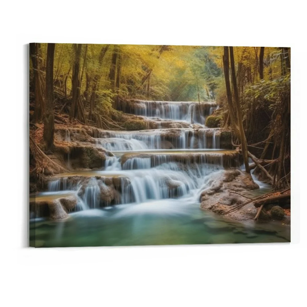 Creowell Wall Art Decor Canvas Print Waterfall Landscape Painting Yellow Trees Forest Fall Falls Canvas Painting Modern Posters And Prints Wall Art Picture for Living Room Home Decor 20x16inch