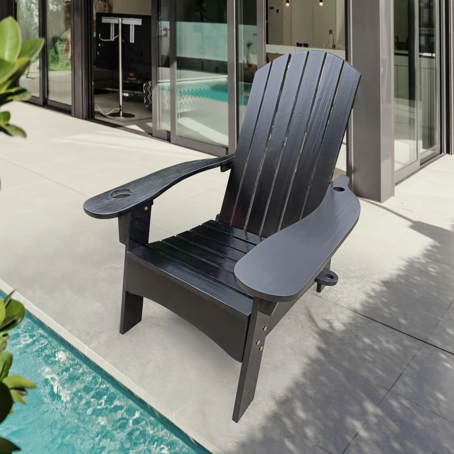 Convenient Black Wooden Adirondack Chair for Outdoor or Indoor Use with Arm Hole for Holding Umbrella