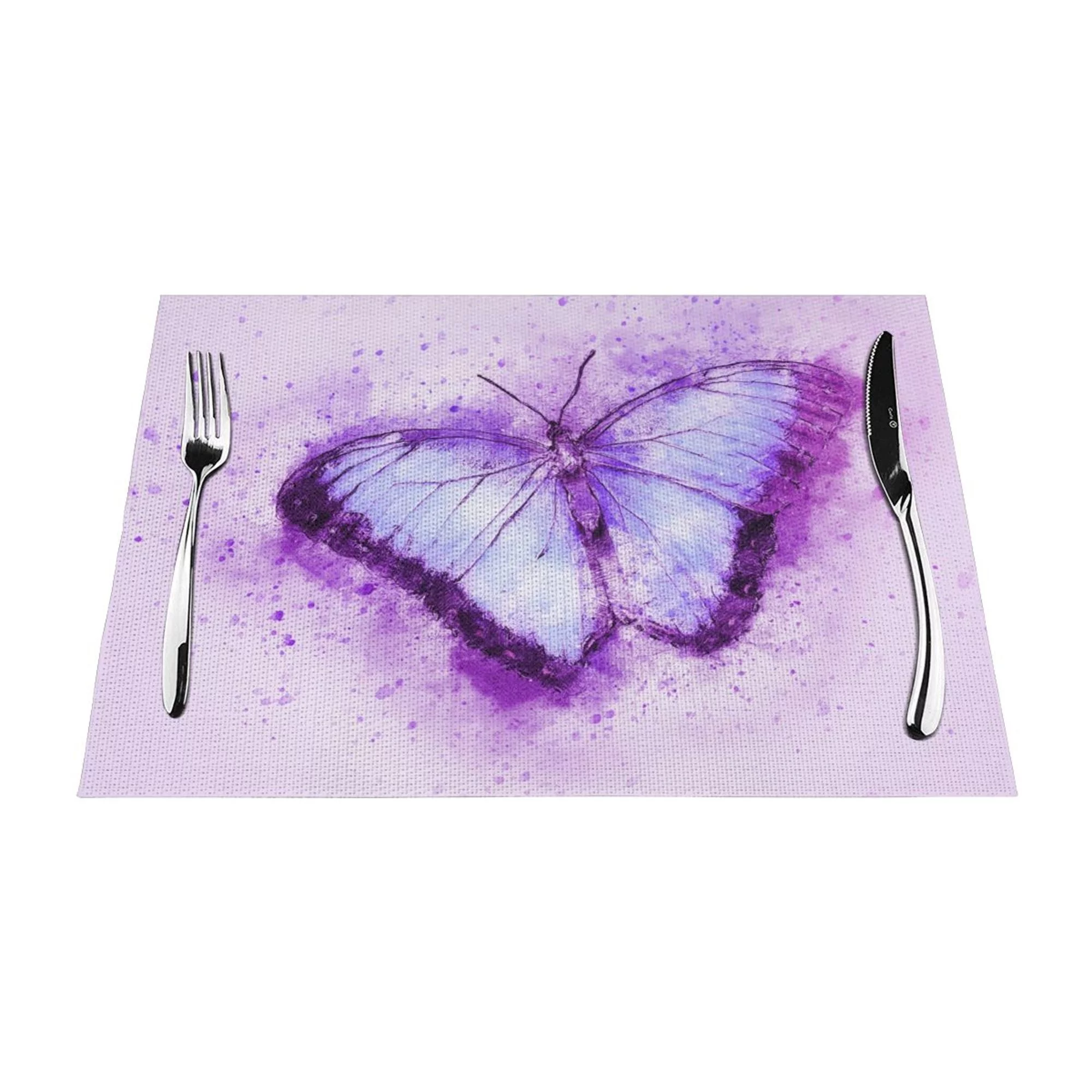YFYANG Washable Heat-Resistant Placemats, 70% PVC/30% Polyester, Purple Watercolor Butterfly Kitchen Table Mat, 12