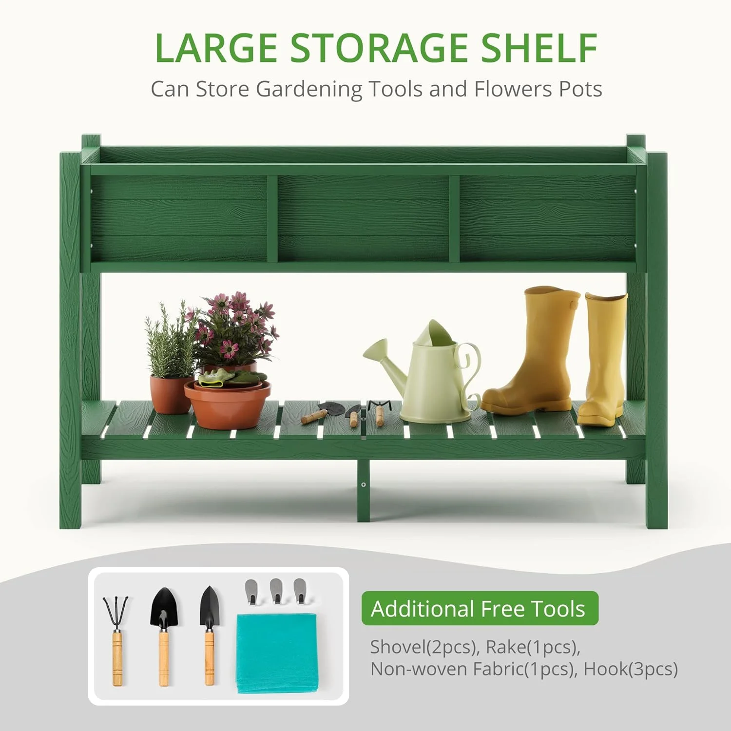 Poly Elevated Planter Box with Tools & Storage, 47x18x29 in, Weather Resistant