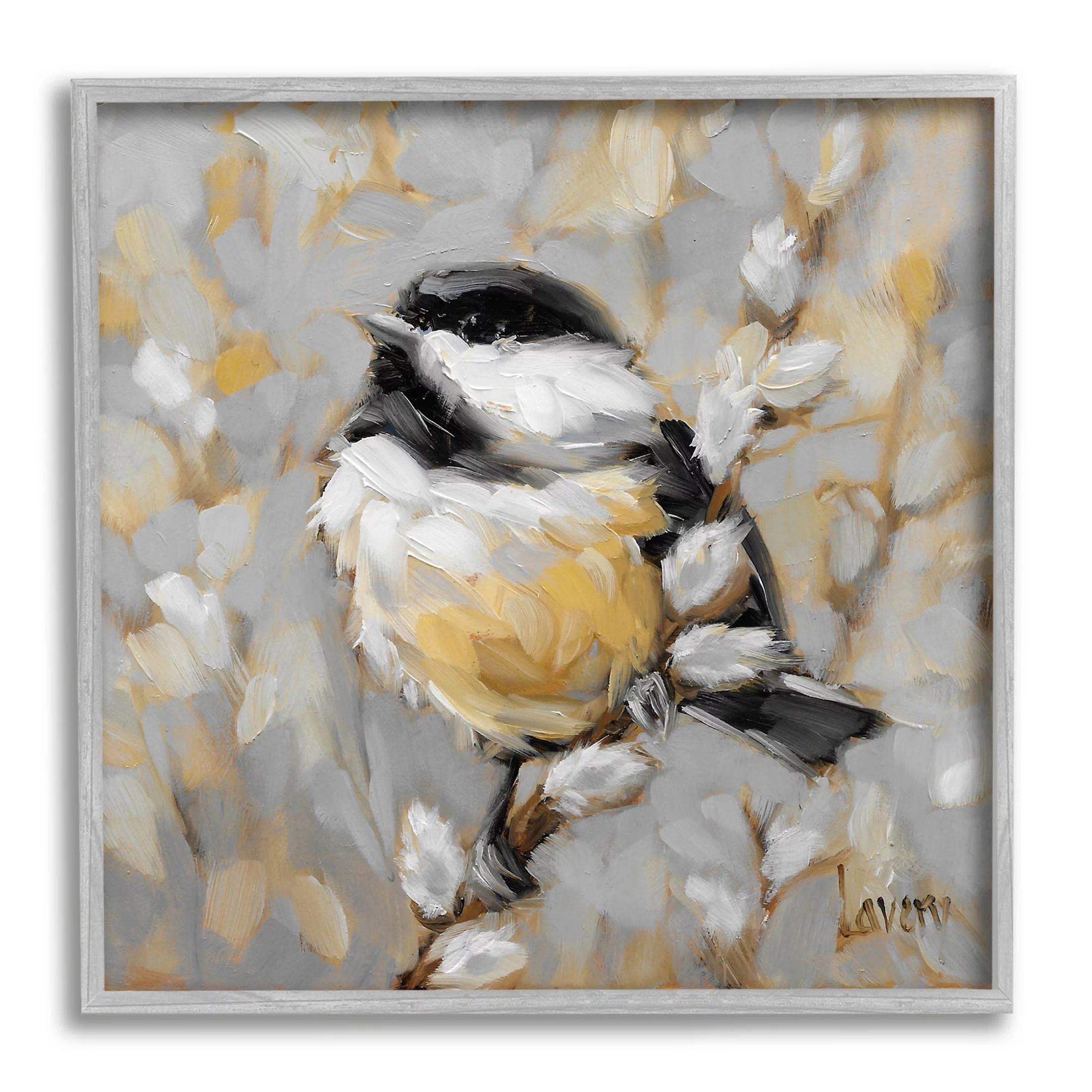 Bird Perched Pussy Willow Wildlife Animals & Insects Painting Gray Framed Art Print Wall Art