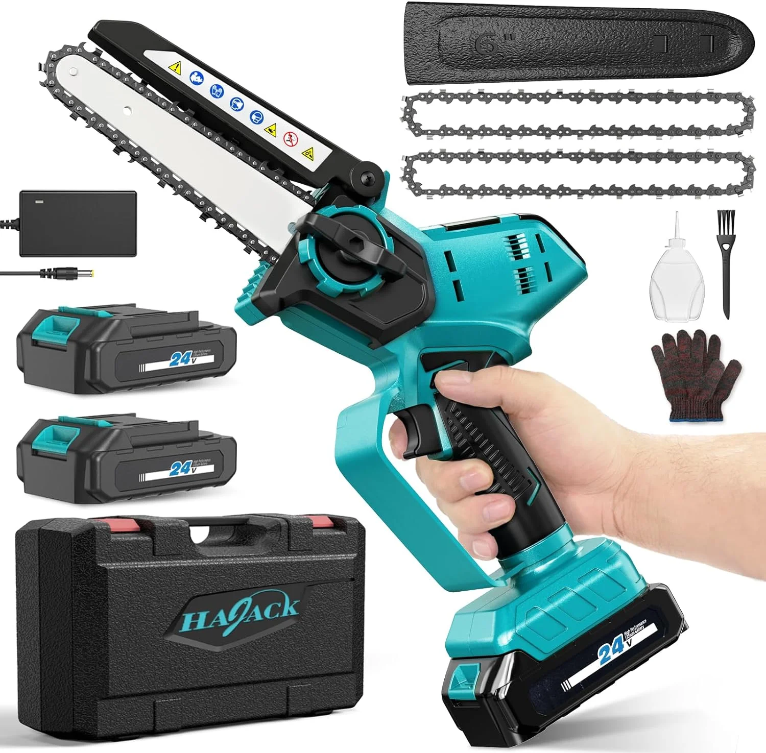Open Box HAJACK Mini Chainsaw 6-Inch, Electric Cordless Chainsaw 2 Batteries NY199 - BLUE