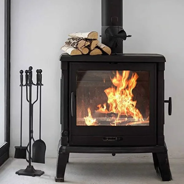 Fireplace Tools Sets, ZPL 5 Pcs Fireplace Tools Sets and Holder, Black Handle Wrought Iron Large Fire Tool Set, Outdoor Fireset Stand Rustic Antique