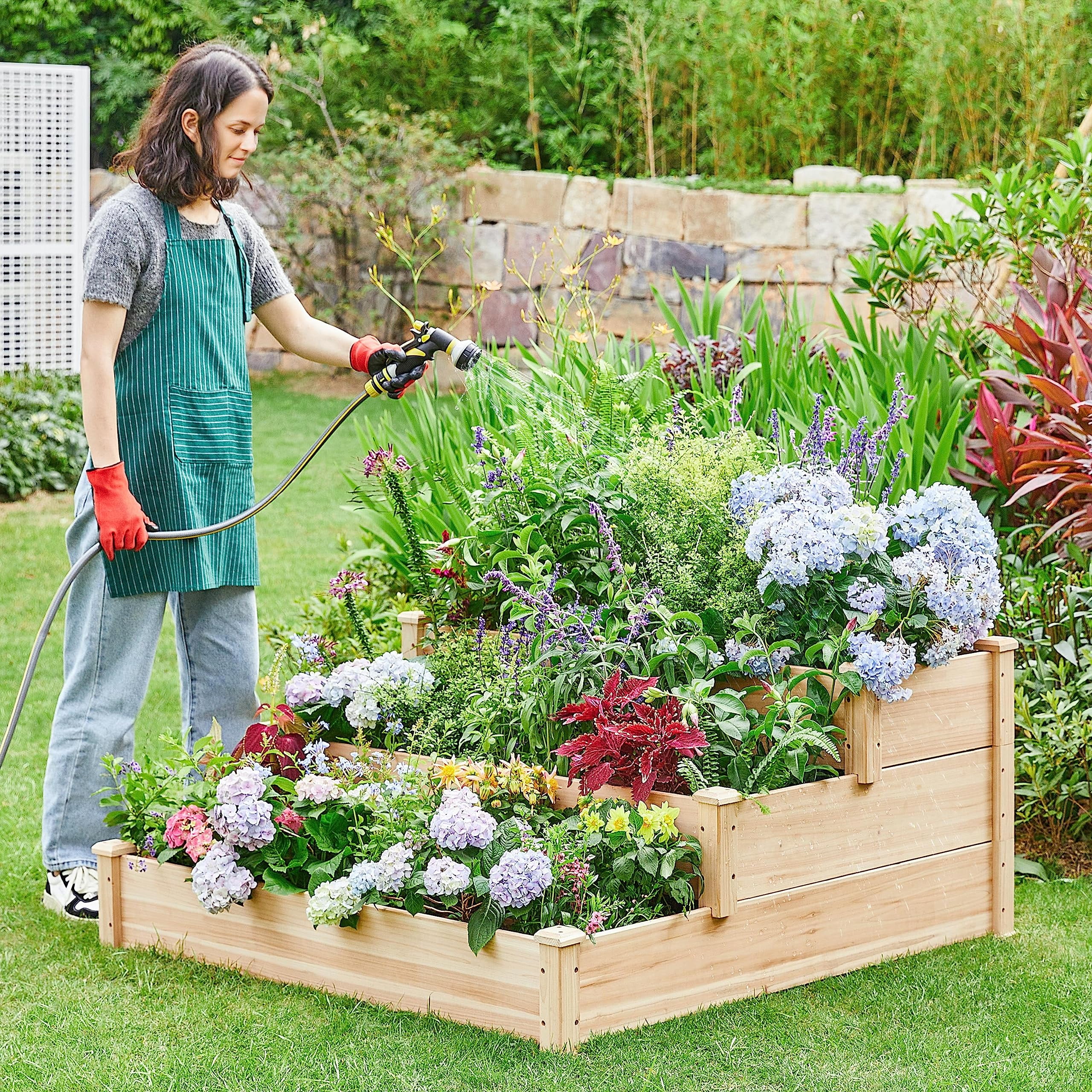 3 Tier 47 x 47 x 22in Raised Garden Bed Horticulture Outdoor Elevated Flower Box Tiered Garden Bed Wooden Vegetables Growing Planter for Backyard/Patio/Gardener