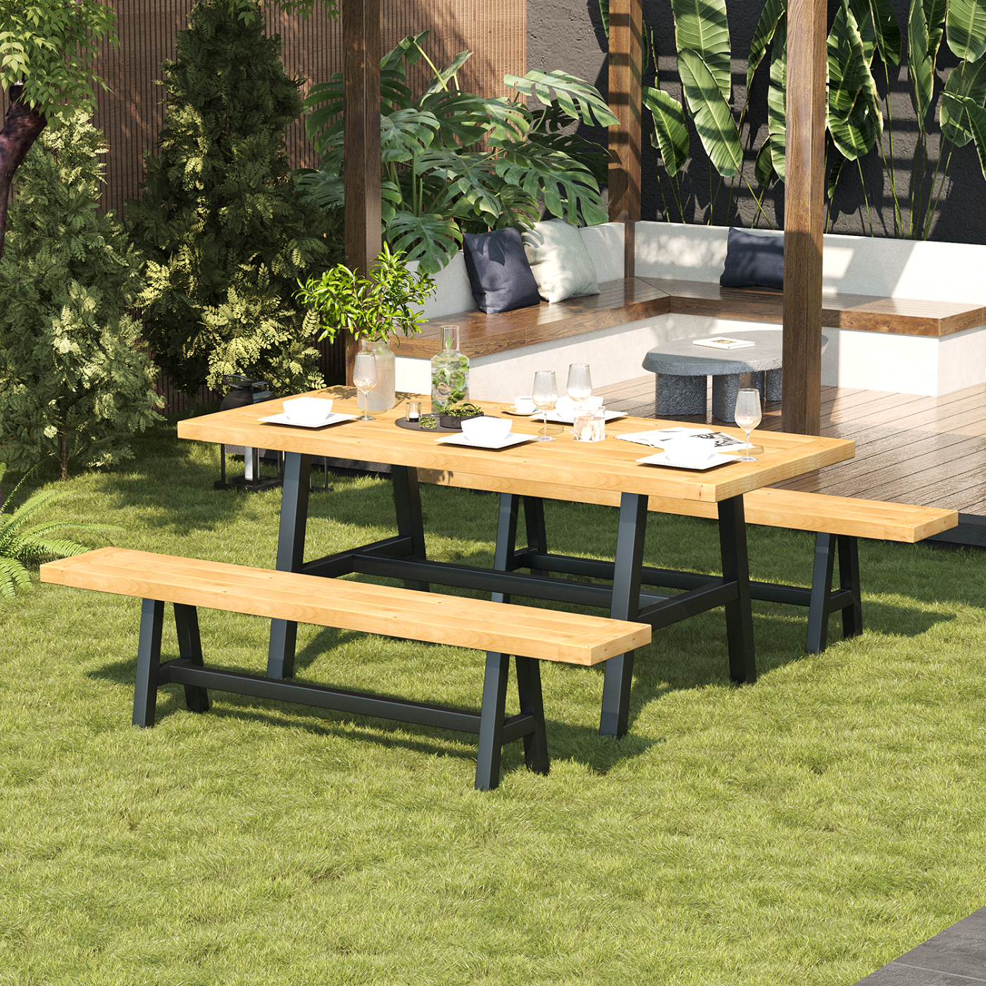 Richryce 3-Piece Acacia Wood Outdoor Dining Set, Outdoor Dining Set, with 1 Rectangular Table and 2 Benches