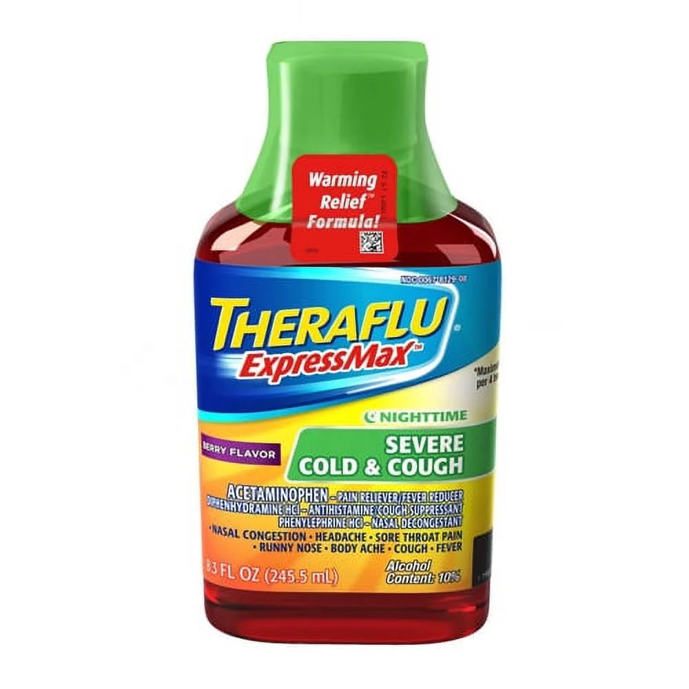 Theraflu Express Max Nighttime Severe Cold and Cough, Berry Flavor Syrup, 8.3 Oz, 6 Pack