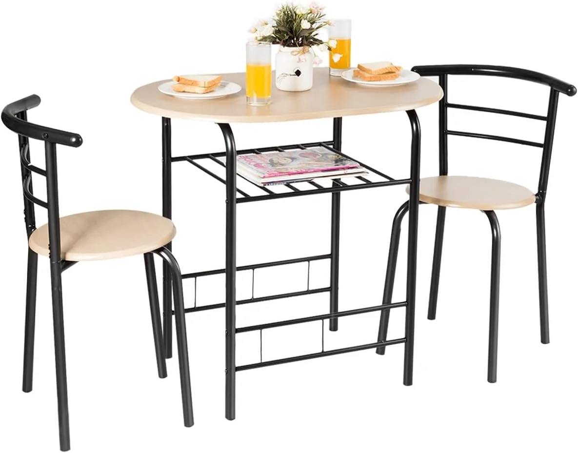 DSZBNUIO LUARANE 3 Piece Dining  Set  Small Dining  for 2 w/Metal Frame & Wine Rack  Breakfast Nook  Set for Home Bistro Pub Apartment Kitchen Dining Room Cafe (Silver & Natural)