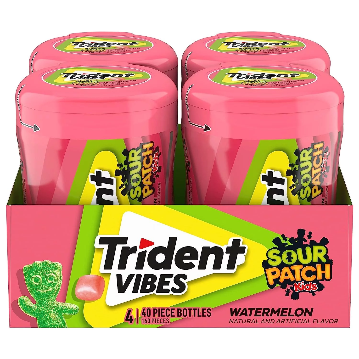 Trident Vibes SOUR PATCH KIDS Watermelon Sugar Free Gum, 4 Bottles of 40 Pieces 160 Total Pieces