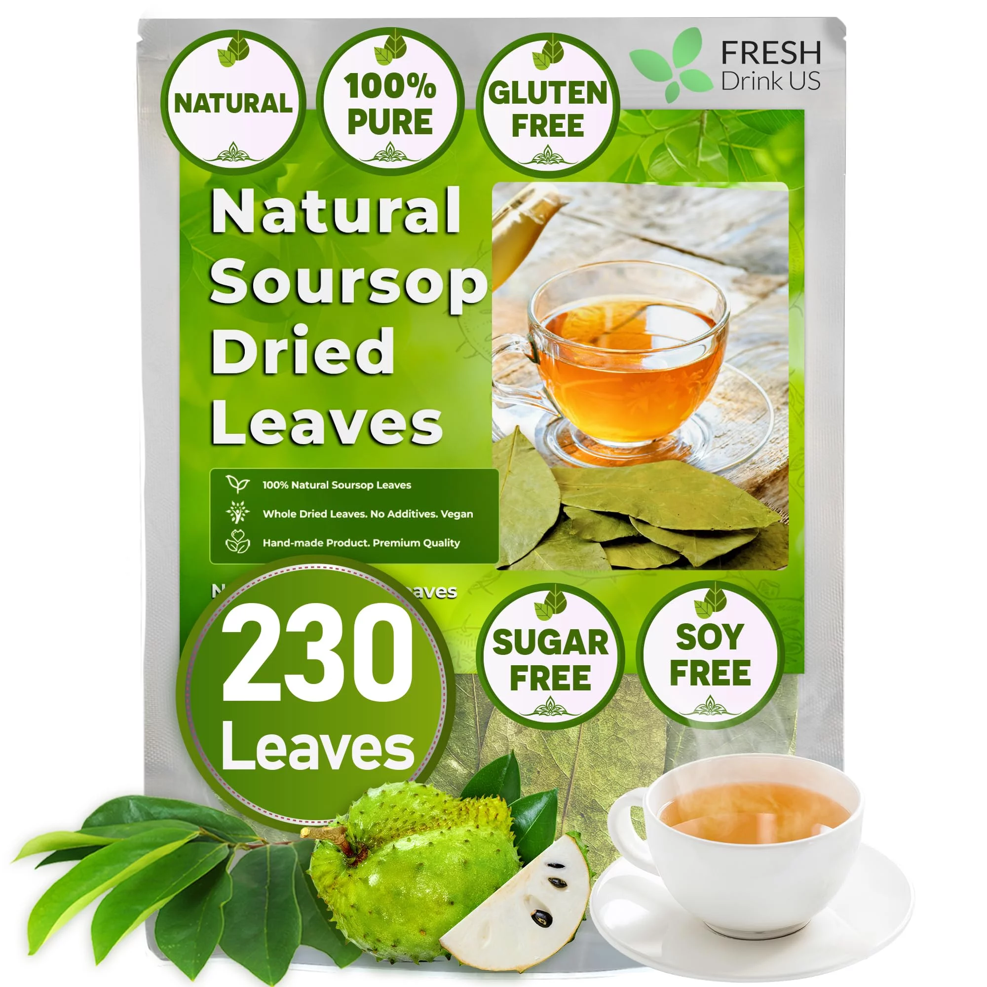 230+ Premium Soursop Graviola Dried Leaves, 230-250 Natural Leaves, Whole Soursop Leaves, Wildcrafted, Graviola, Soursop, Hoja Guanabana, Soursop Loose Leaf Herbal Tea, No Gluten, Vegan