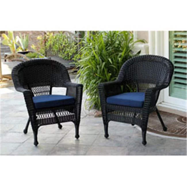 Jeco W00207-C-2-FS011-CS Black Wicker Chair with Blue Cushion - Set of 2