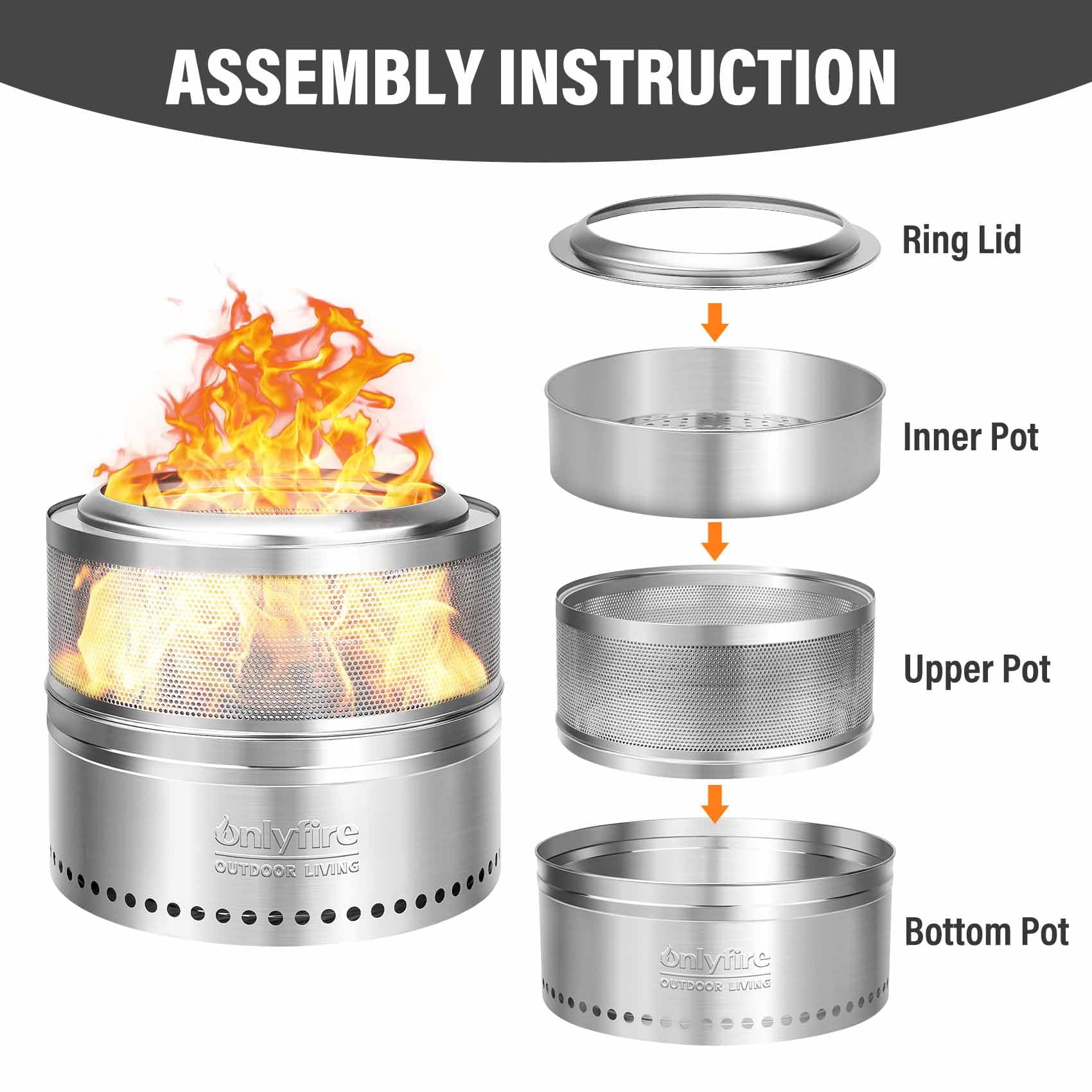 Only Fire 20in Smokeless Fire Pit with Carrying Bag Hollow Style, , 360°Air Flow Design Wood Burning Fireplace, Stainless Steel